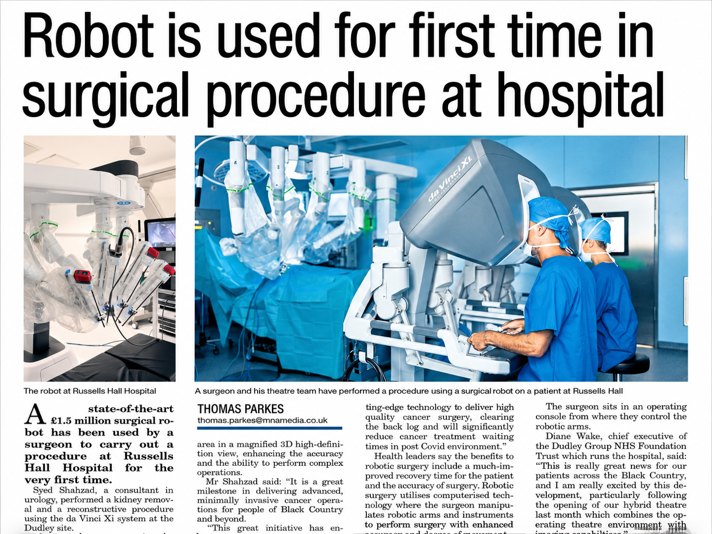 Newspaper article about the first robotic surgical procedure at Russells Hall Hospital involving Mr Syed Ali Shahzad