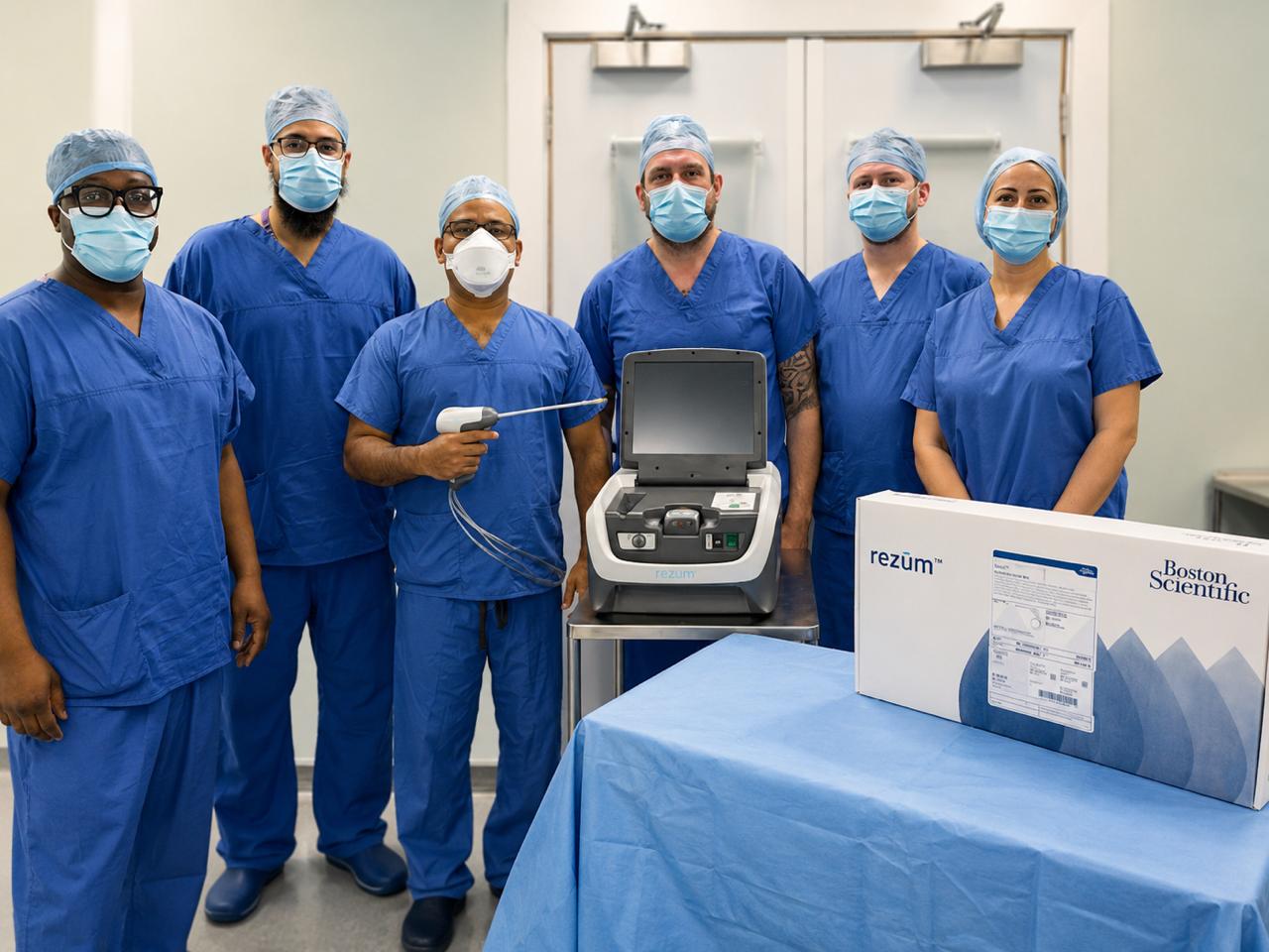 Mr Syed Ali Shahzad with a clinical team and Rezum treatment equipment