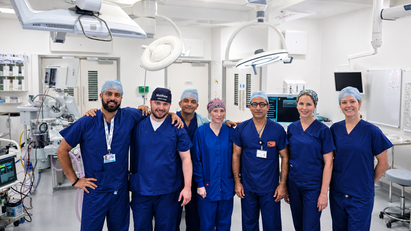 Mr Syed Ali Shahzad with a theatre team in blue scrubs in an operating theatre