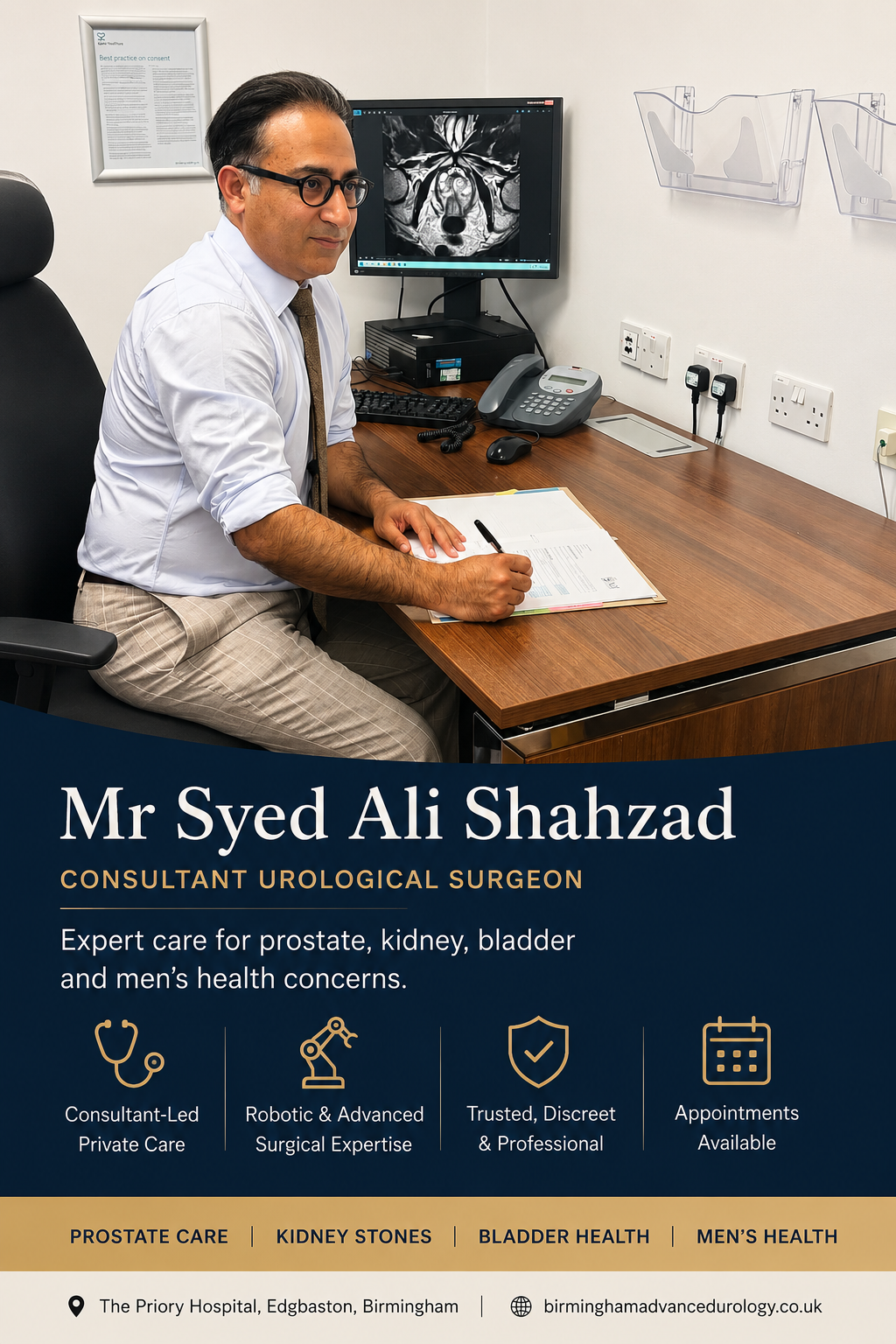 Mr Syed Ali Shahzad in a private consultation room with prostate MRI imaging and Birmingham Advanced Urology service highlights