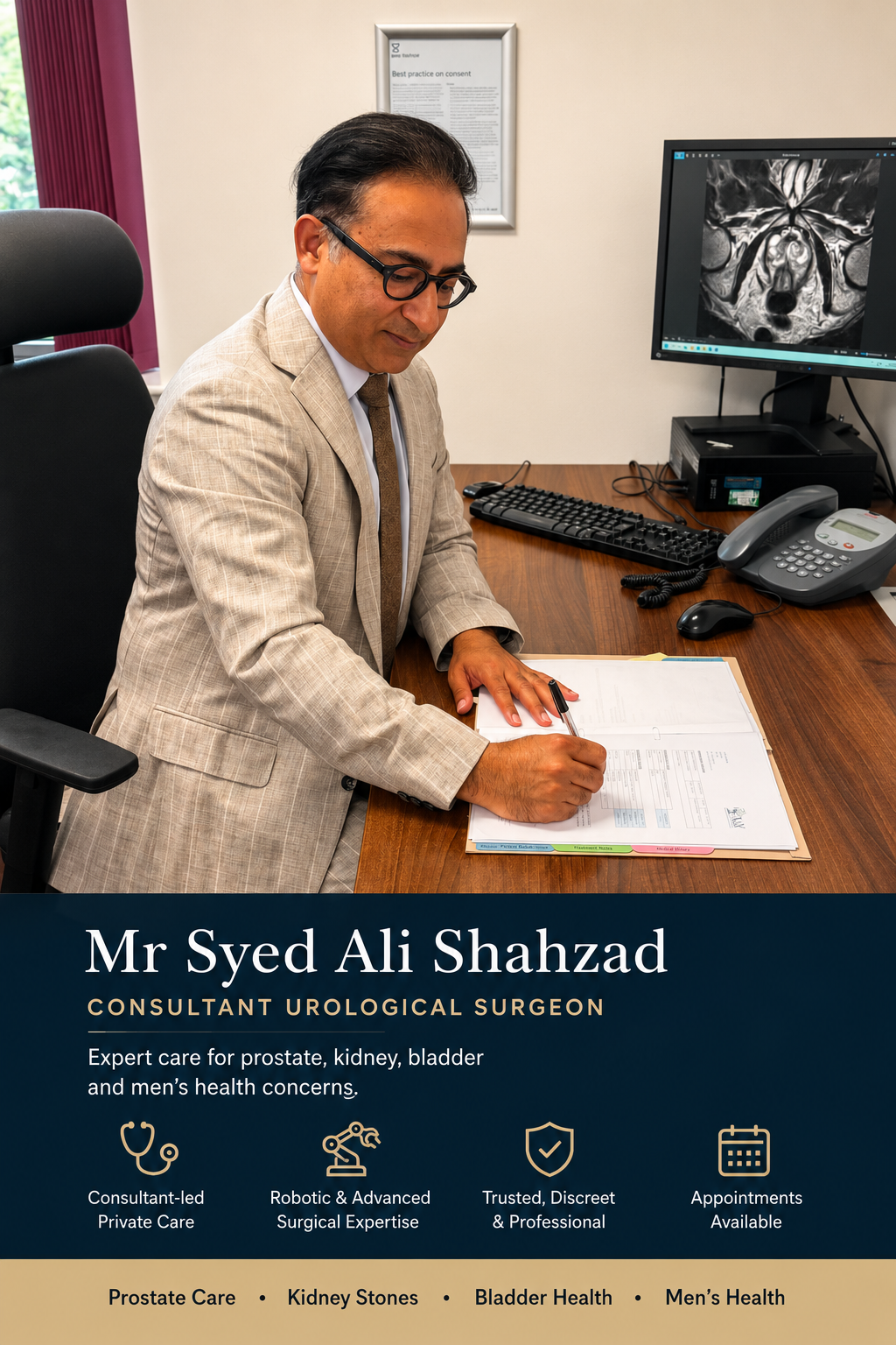 Mr Syed Ali Shahzad in consultation with MRI imaging and private urology care service highlights