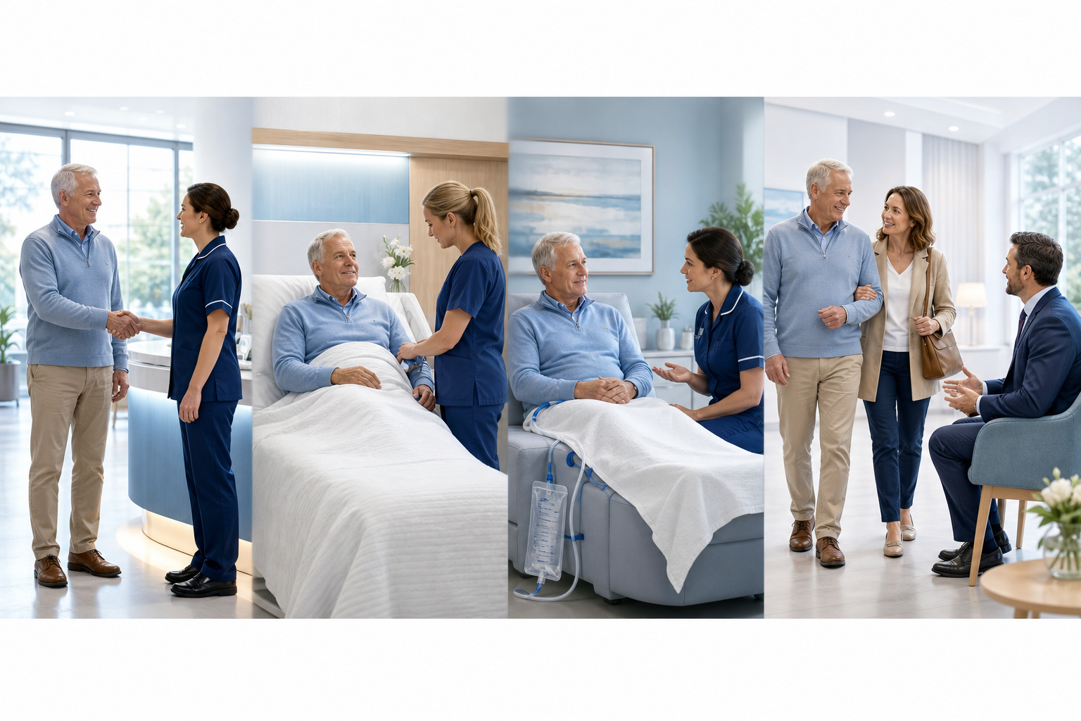 Four-stage patient illustration showing admission, Aquablation recovery, temporary catheter care and planned follow-up after intended same-day discharge.