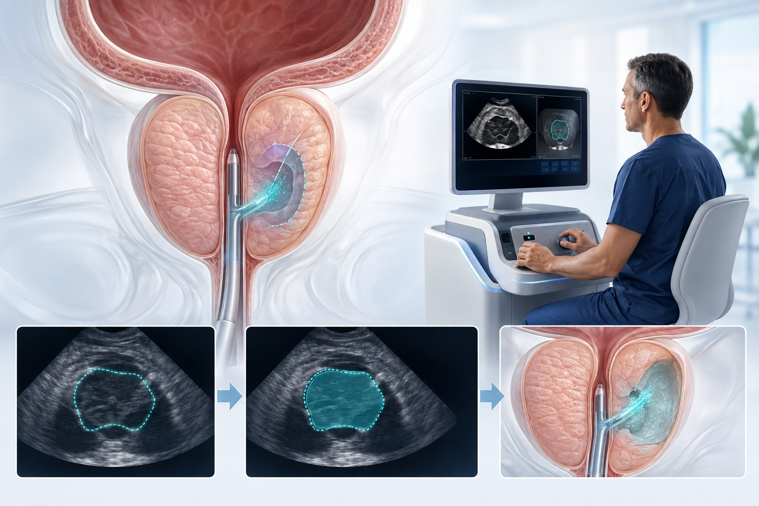Patient-friendly illustration of surgeon-controlled HYDROS Aquablation planning, ultrasound imaging and a heat-free waterjet removing obstructing prostate tissue.