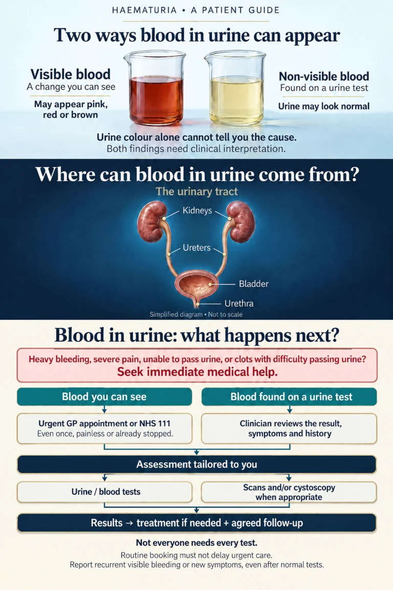 Patient infographic showing visible and non-visible blood in urine, urinary anatomy and assessment
