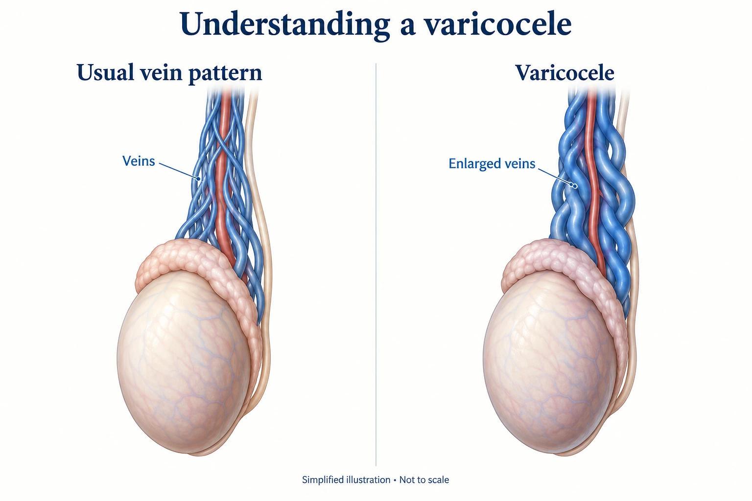 Simplified comparison of usual testicular veins and a varicocele