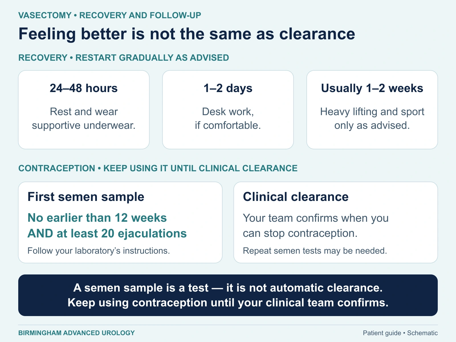 Recovery is separate from clearance. Rest initially, return to activity as advised, and keep using contraception until the clinical team confirms success after semen testing.